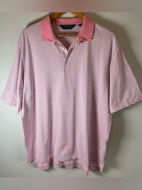 Polo Ralph Lauren Golf Mens Polo Shirt L Pima Cotton Pink White Stripes Peru EUC